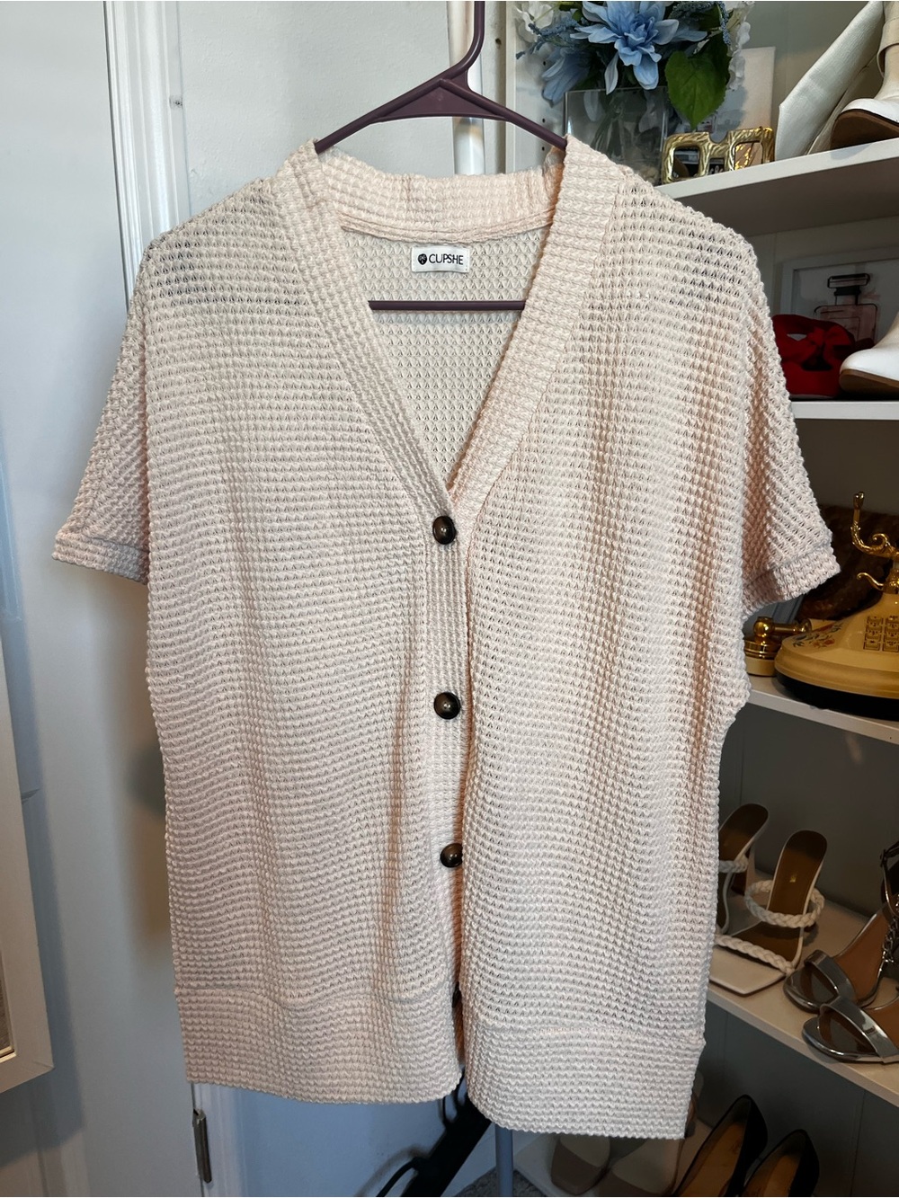 Cupshe Short-Sleeve Waffle Knit Cardigan - Cream